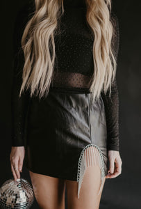 Black Faux Leather Rhinestone Skirt