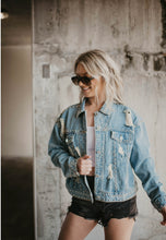 Load image into Gallery viewer, Distressed Studded Denim Jacket
