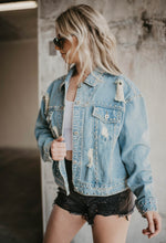 Load image into Gallery viewer, Distressed Studded Denim Jacket
