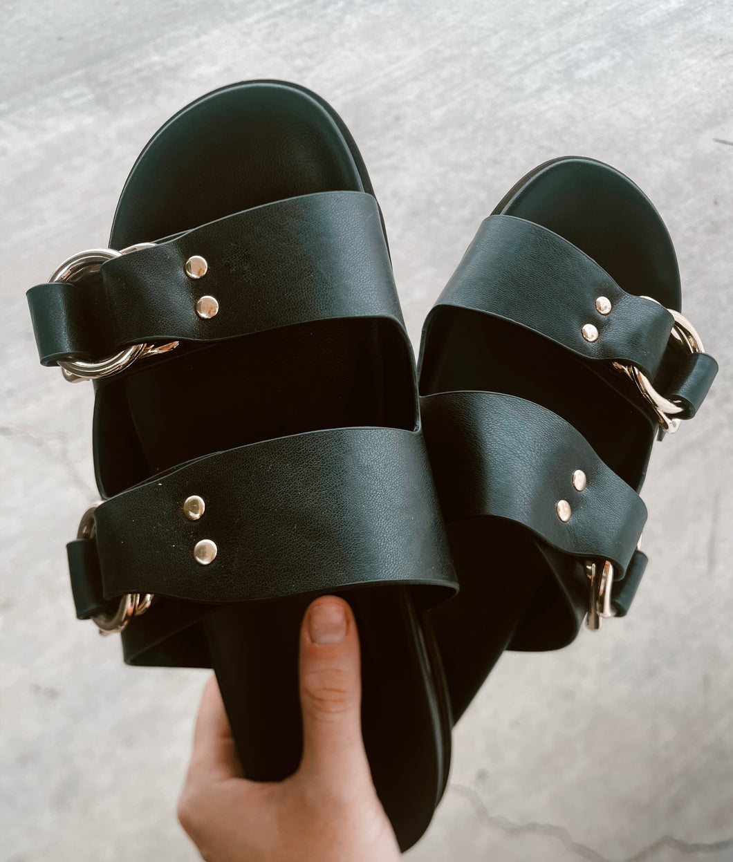 Black Double Strap Slides